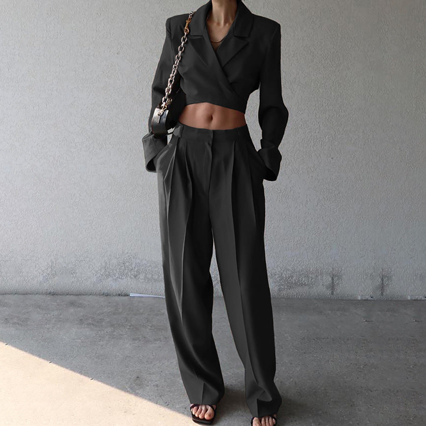 Dame elegant cropped blazer og brede bukser sæt Stilla