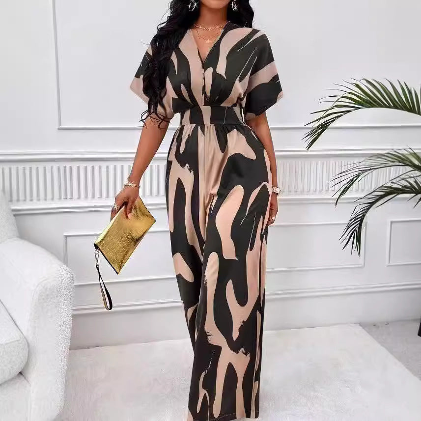 Dame Elegant Jumpsuit med stort mønster og V-udskæring Skovae