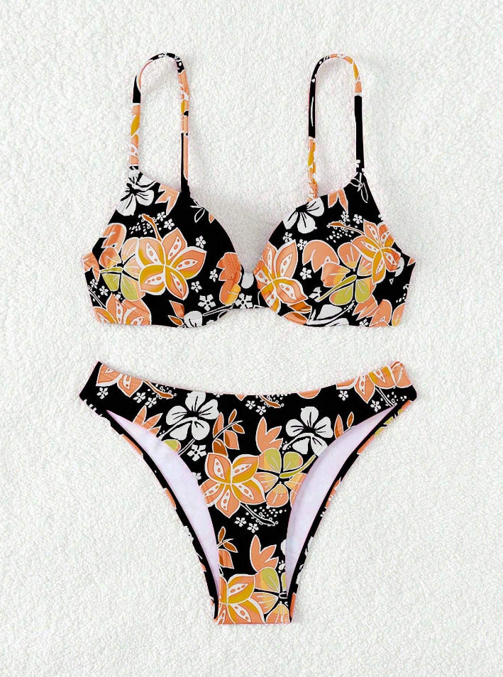 Dame polstret trekant-bikini med blomstermotiv og justerbare stropper Skovae