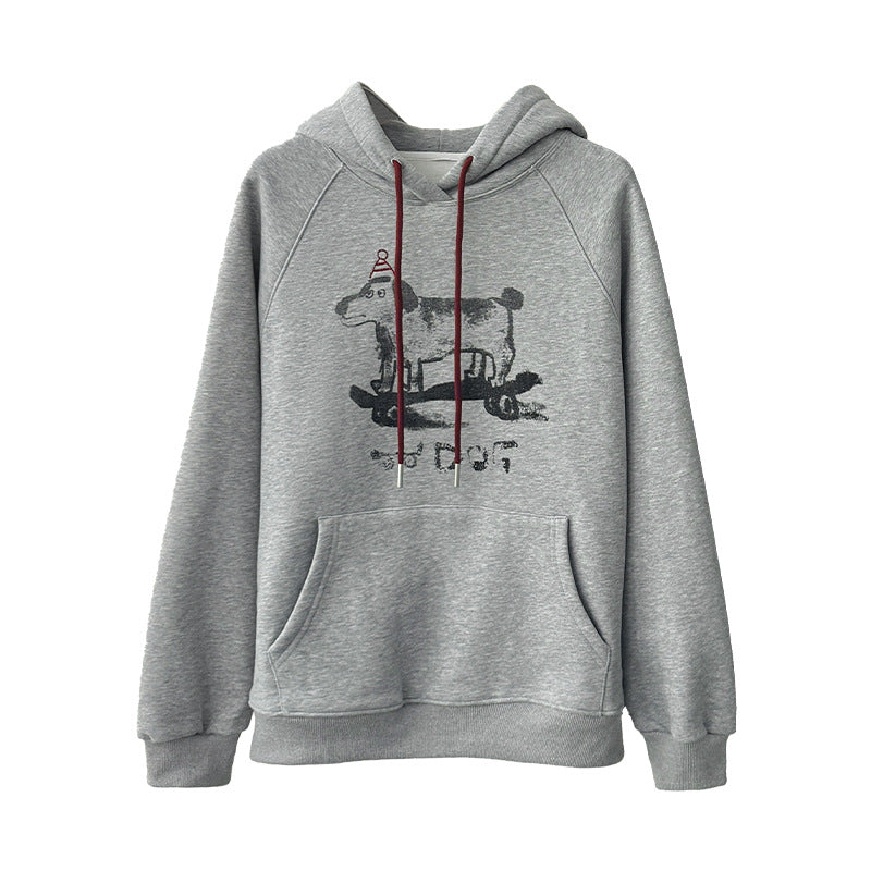 Dame hætte sweatshirt med trendy dyremotiv og praktiske kængurulommer Stilla