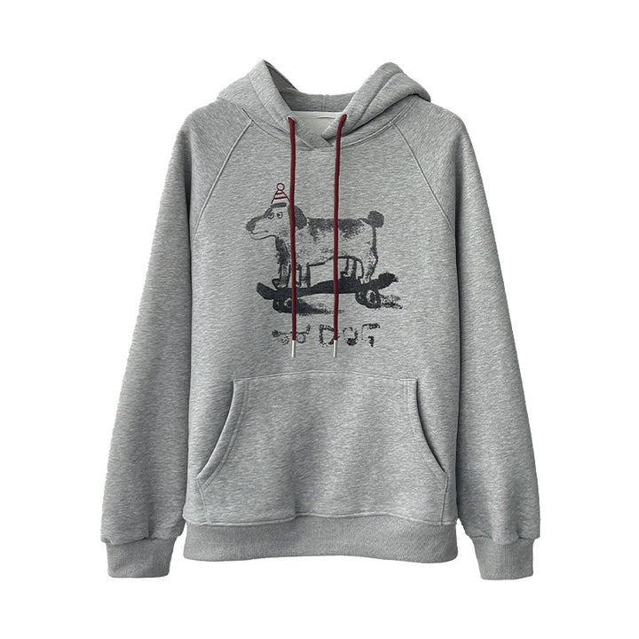 Dame hætte sweatshirt med trendy dyremotiv og praktiske kængurulommer Stilla