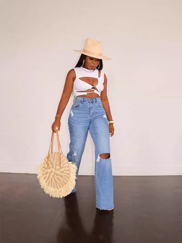 Dame højtaljede jeans i destroyed-look Stilla