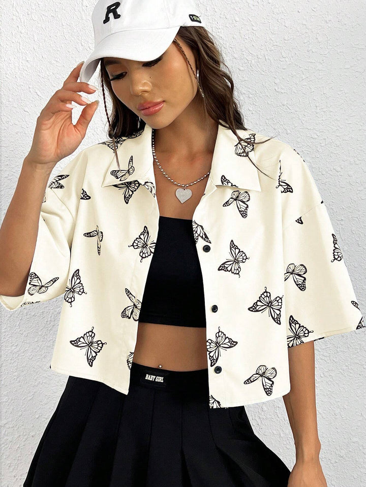 Dame sommerfugleprint kortærmet button-up skjorte Stilla
