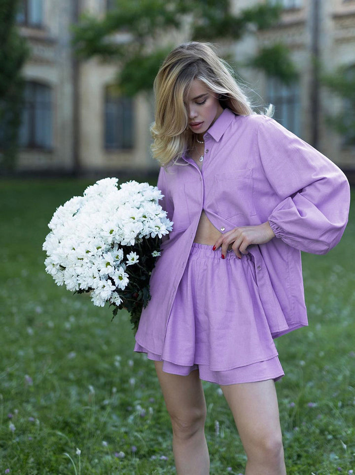 Dame løs linned shorts sæt med oversized skjorte og elastisk talje Stilla