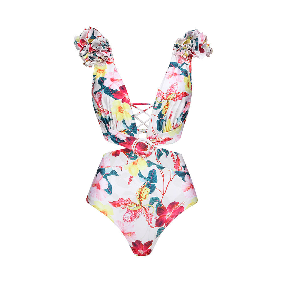 Dame elegant Floral badetøj med bølget skulderdesign Skovae
