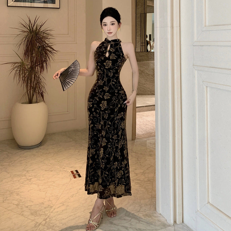 Stilla | Trykt Halter Knapstol Cheongsam