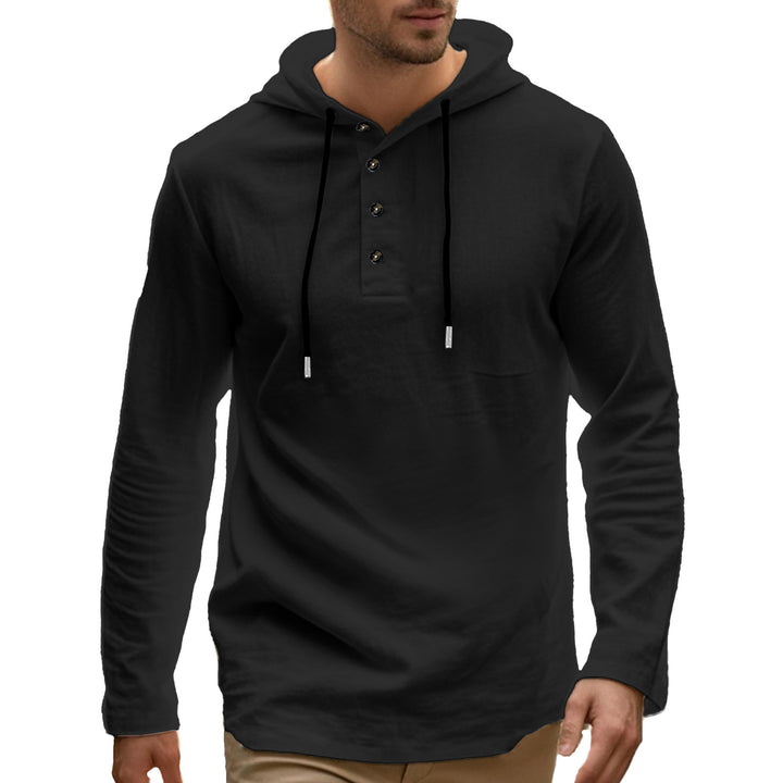 Herrer casual hættepullover i Henley-stil med knaplukning og justerbar snor Skovae