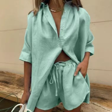 Dame let linned blouse med shorts Skovae