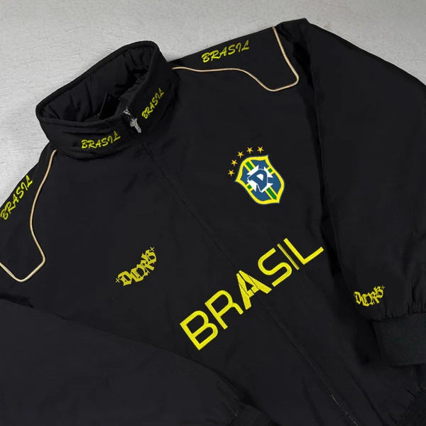 Unisex nan sporty retro træningsjakke med høj krave lynlås brystemblem og Brasilien-tekst Skovae