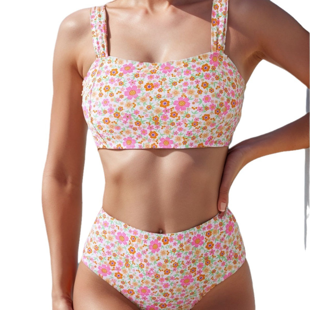 Dame Højskåret Bikini med Blomsterdesign og Brede Stropper Stilla