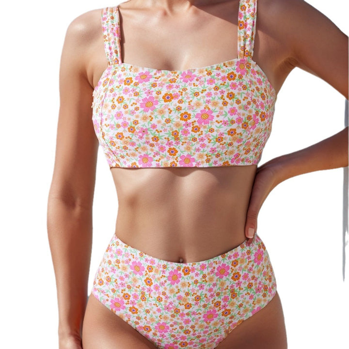 Dame Højskåret Bikini med Blomsterdesign og Brede Stropper Stilla