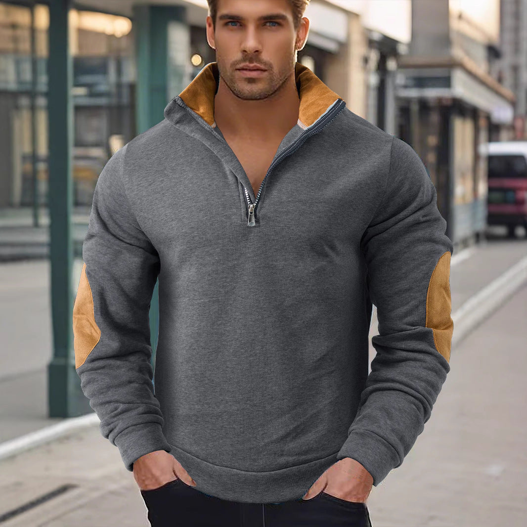 Herrer nan kort lynlås-ståkrave sweater med kontrastkrave og ruskind albue-patches Skovae