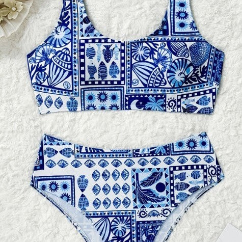 Dame Højskåret Bikini-Sæt med modigt Flise-Mønster Stilla
