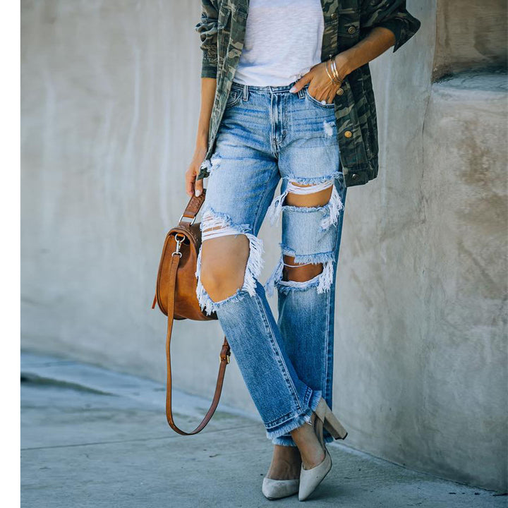 Dame Destroyed Jeans i afslappet Boyfriend-snit med frynse-detaljer Stilla