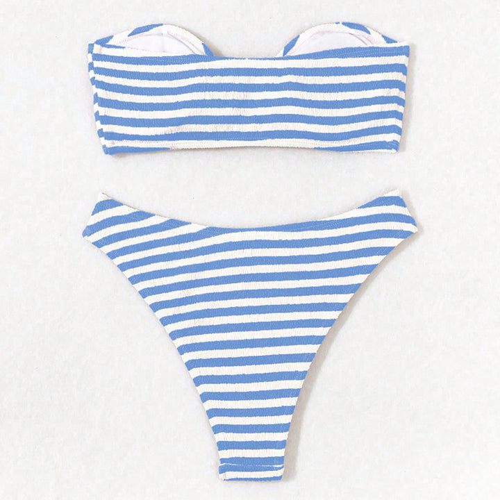 Dame bandeau bikini med moderne stribemønster og tidsaktuel bælte Skovae