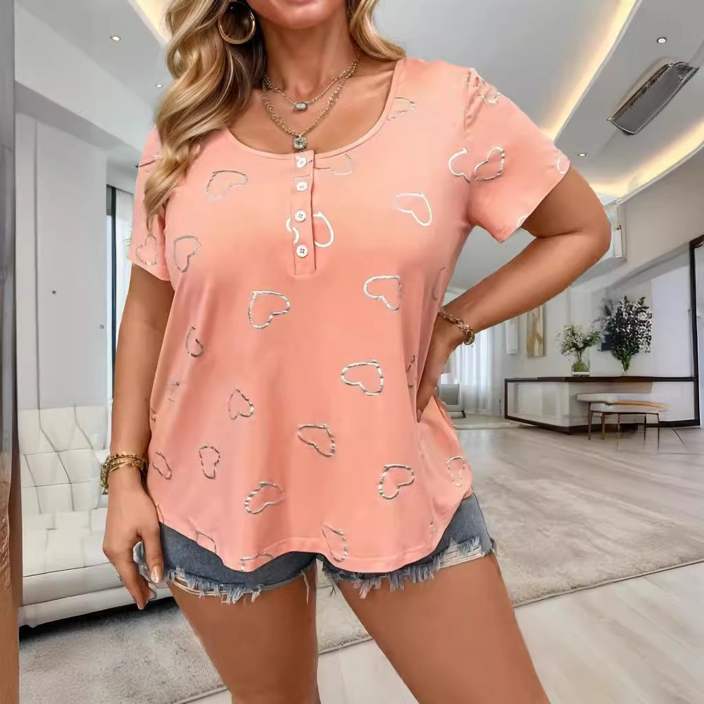Dame T-shirt med romantisk hjerte-design og knapliste Stilla