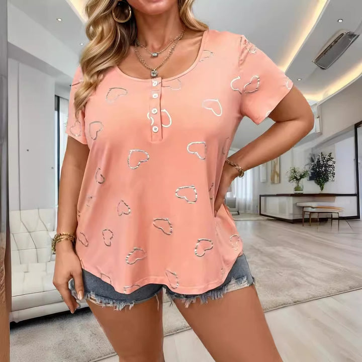 Dame T-shirt med romantisk hjerte-design og knapliste Stilla