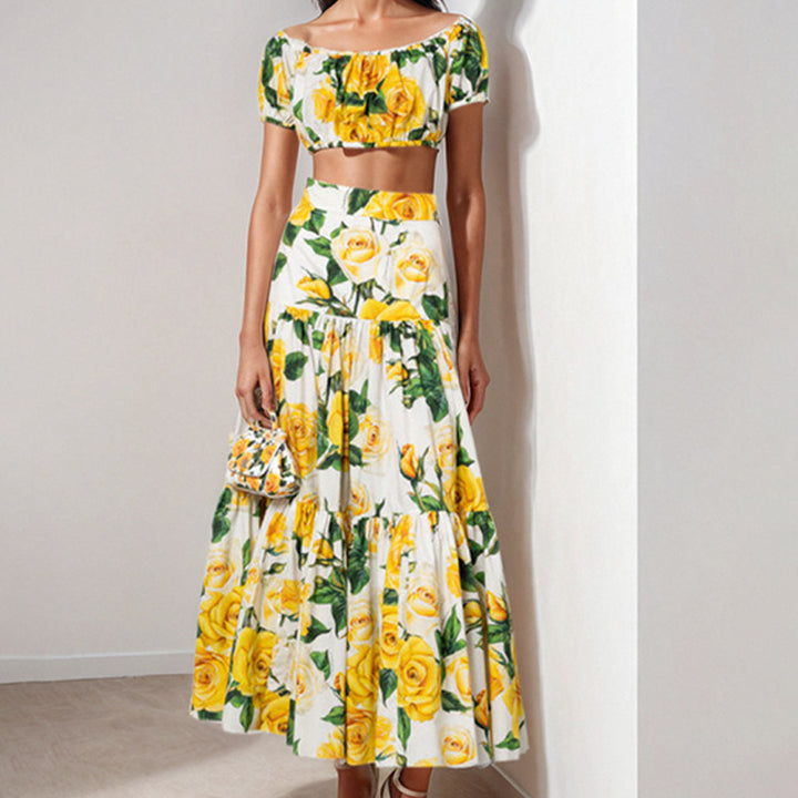 Dame To-delt Blomster-Sæt med let Crop-Top og voluminøs Nederdel Stilla