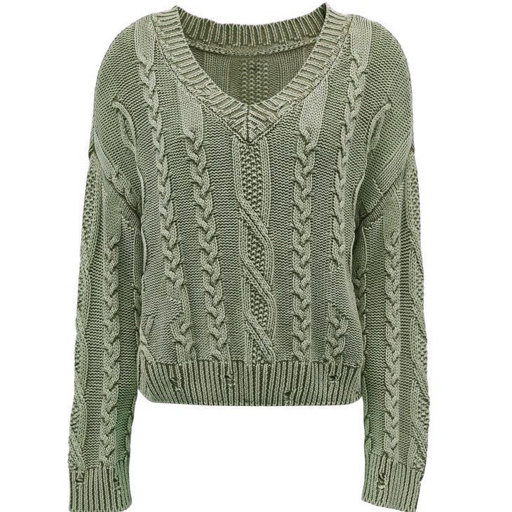 Kvinders strikket pullover med kabelmønster og V-hals Stilla