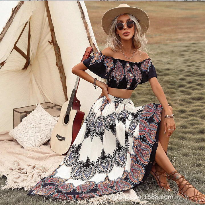 Dame Bohemian Crop Top og Maxi Skirt Sæt Stilla