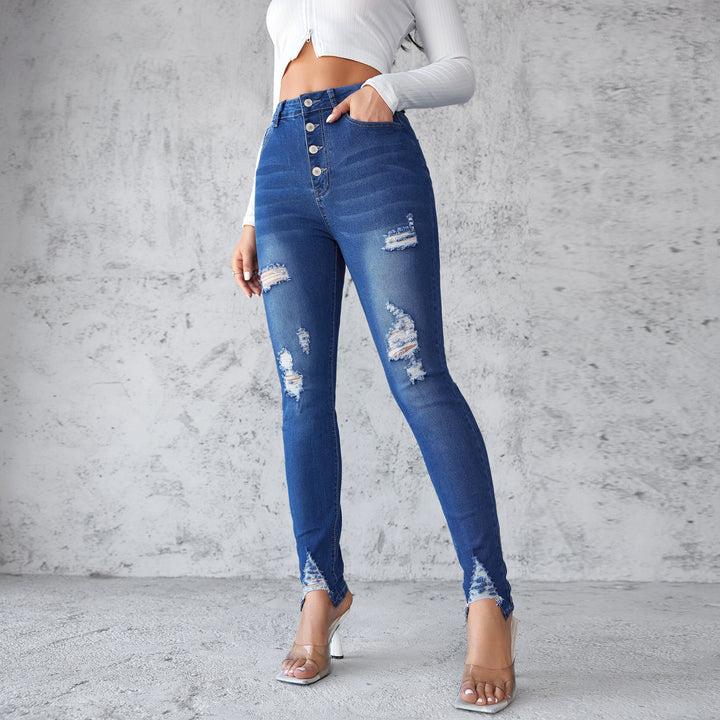 Dame High-Waist Skinny Jeans med Destroyed-detaljer og frynset kant Stilla