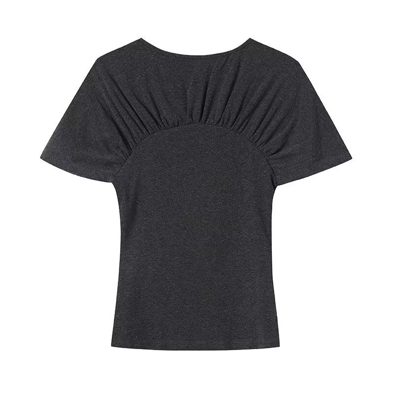 Dame afslappet kortærmet T-shirt med rynk og grafisk tryk Skovae