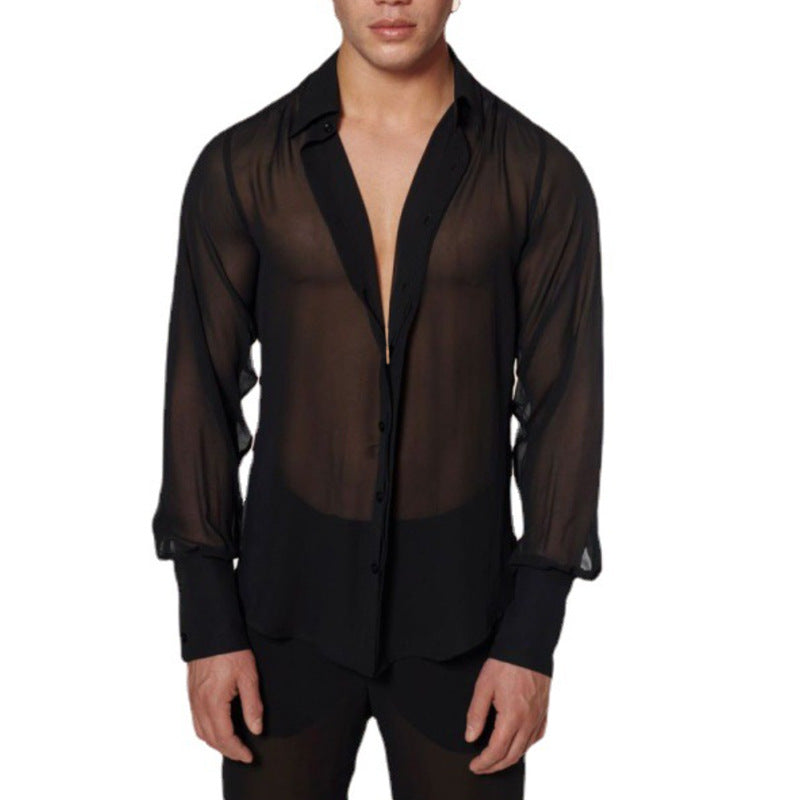 Dame nan semi-transparente langærmet chiffonbluse med skjortekrage og brede manchetter Skovae