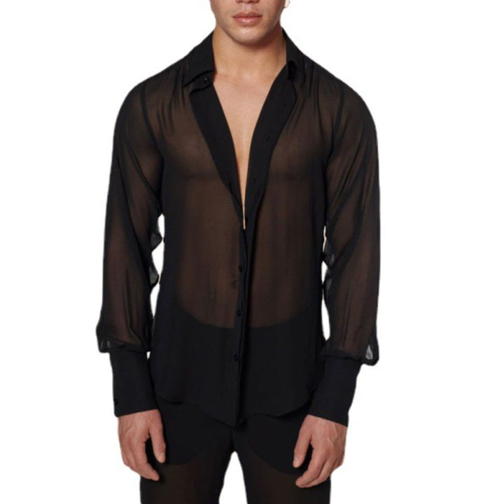 Dame nan semi-transparente langærmet chiffonbluse med skjortekrage og brede manchetter Skovae