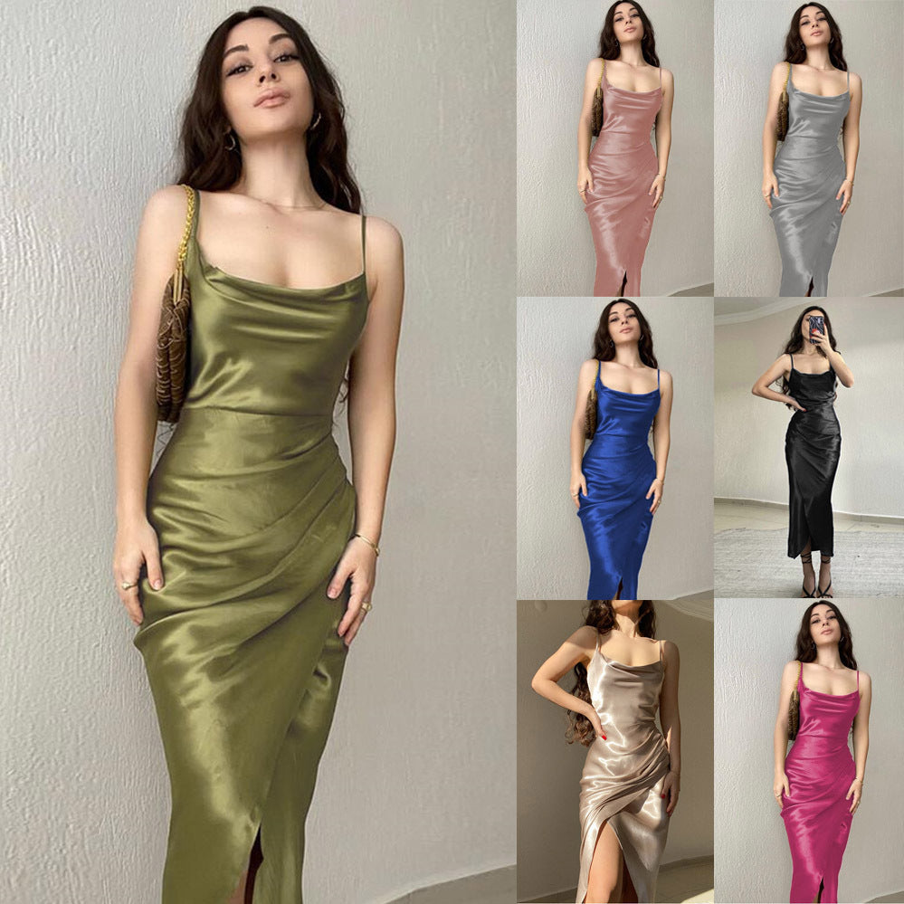 Elegant satin midi-kjole med cowl-neck til damer Stilla