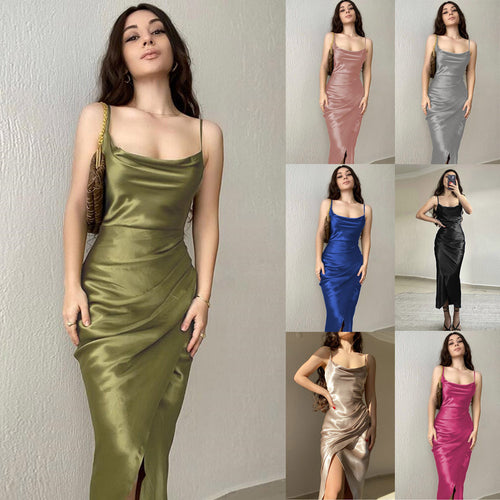 Elegant satin midi-kjole med cowl-neck til damer Stilla