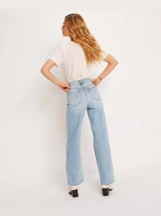 Dame Højtaljede Denim-Jeans med afslappede revnedetaljer og bredt skåret ben Stilla
