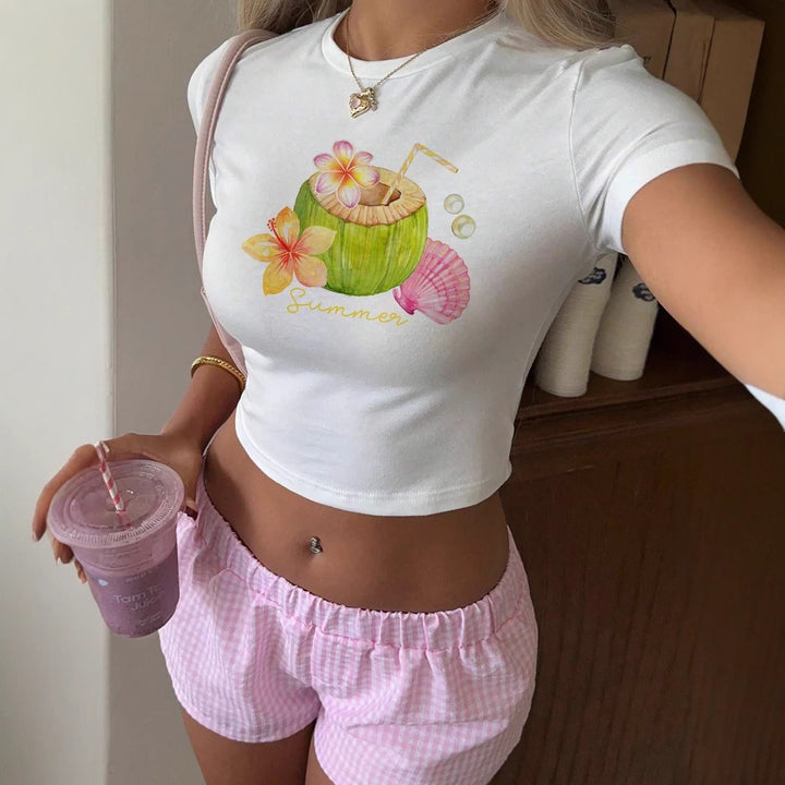 Dame Crop-Top med frugtagtig sommerdesign og afslappet snit Skovae