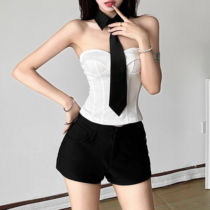 Dame Bustier-top med elegant krave- og slips-look Stilla