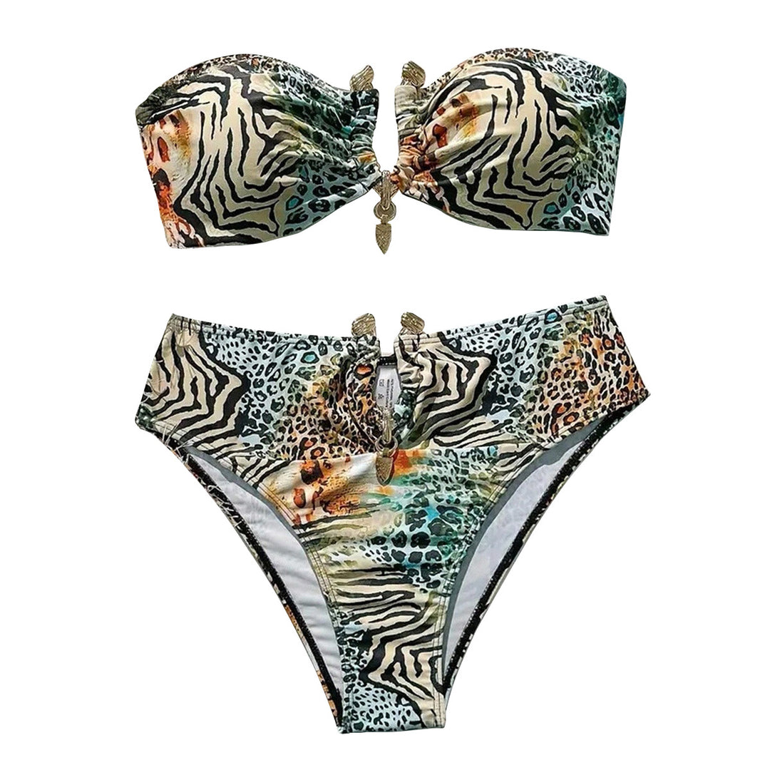 Dame bandeau-bikini med dyremønster og dekorativ lukning Skovae