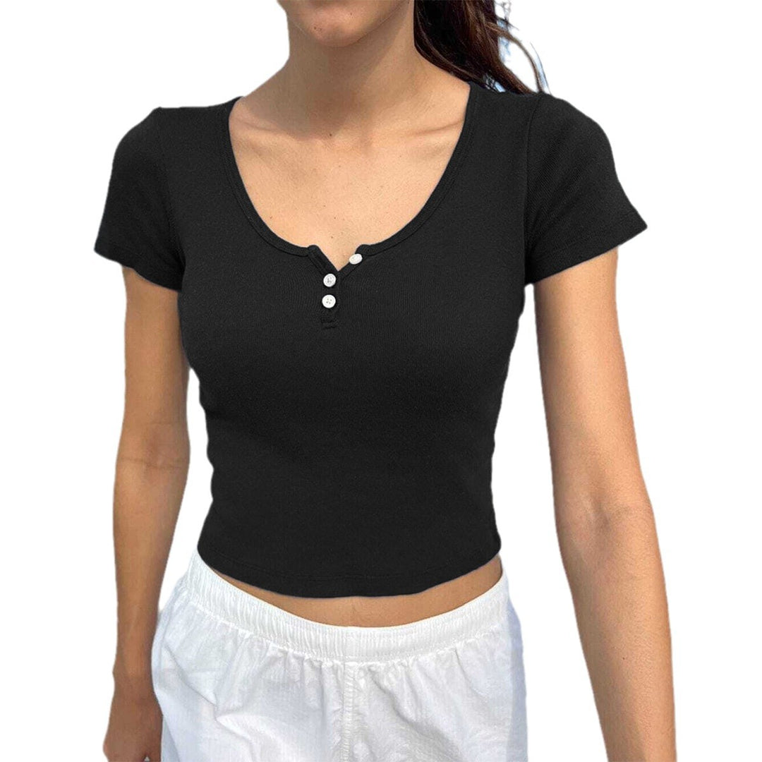 Dame Kortærmet Rib-T-Shirt med knapbar Udsnit Stilla