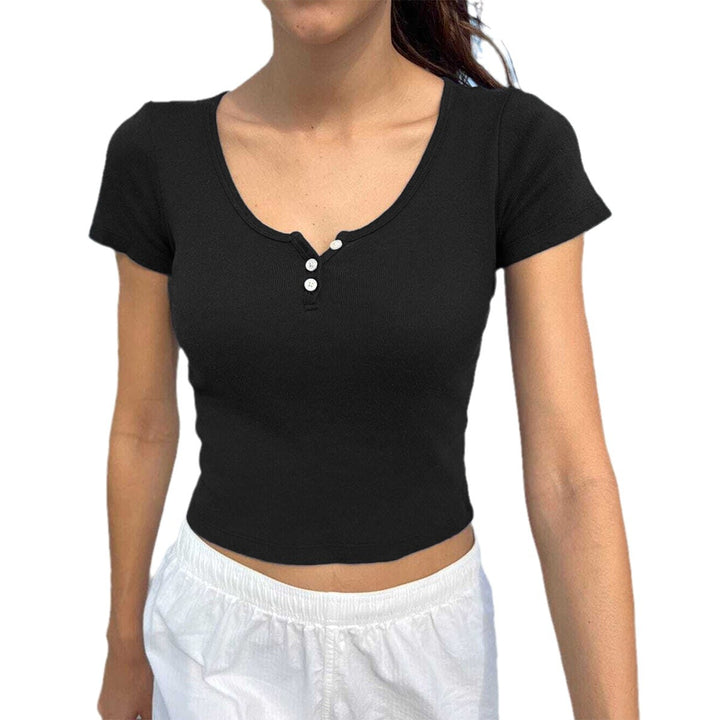 Dame Kortærmet Rib-T-Shirt med knapbar Udsnit Stilla