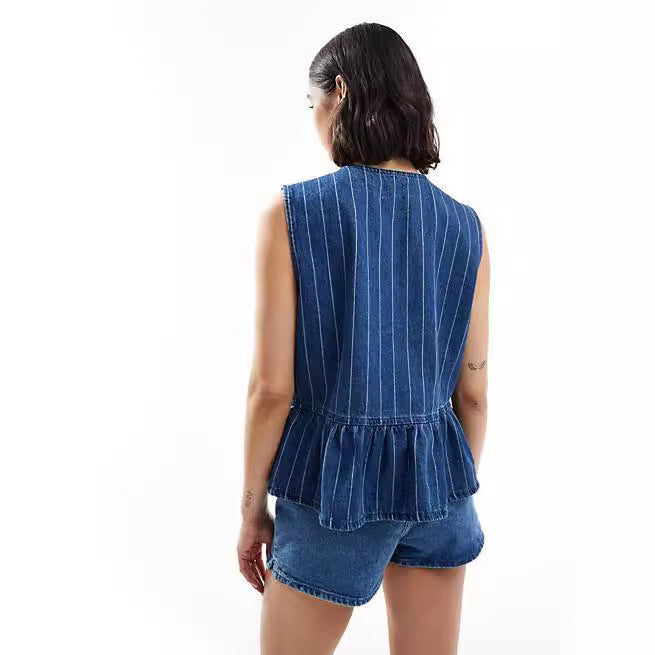 Femme Peplum Denim Vest med Bindebælte Stilla