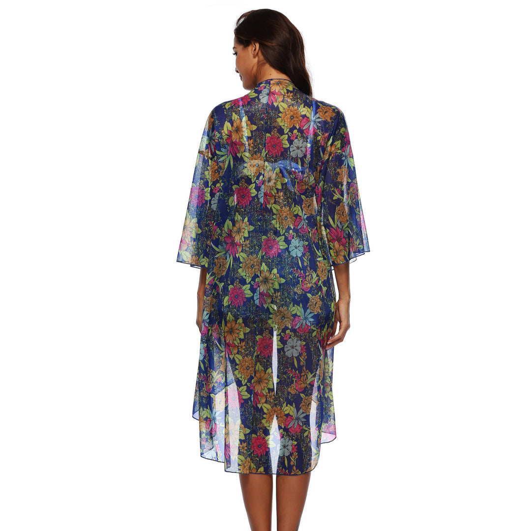 Dame Transparent Strandkimono med blomsterdesign og afslappet snit Stilla