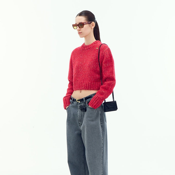 Dame trendy, cropped strikpullover med glitrende effekt Stilla
