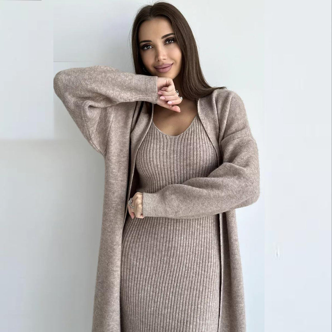Dame ribstrik kjole med lang cardigan Stilla
