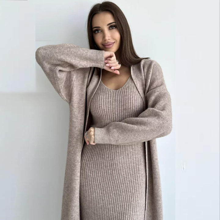 Dame ribstrik kjole med lang cardigan Stilla