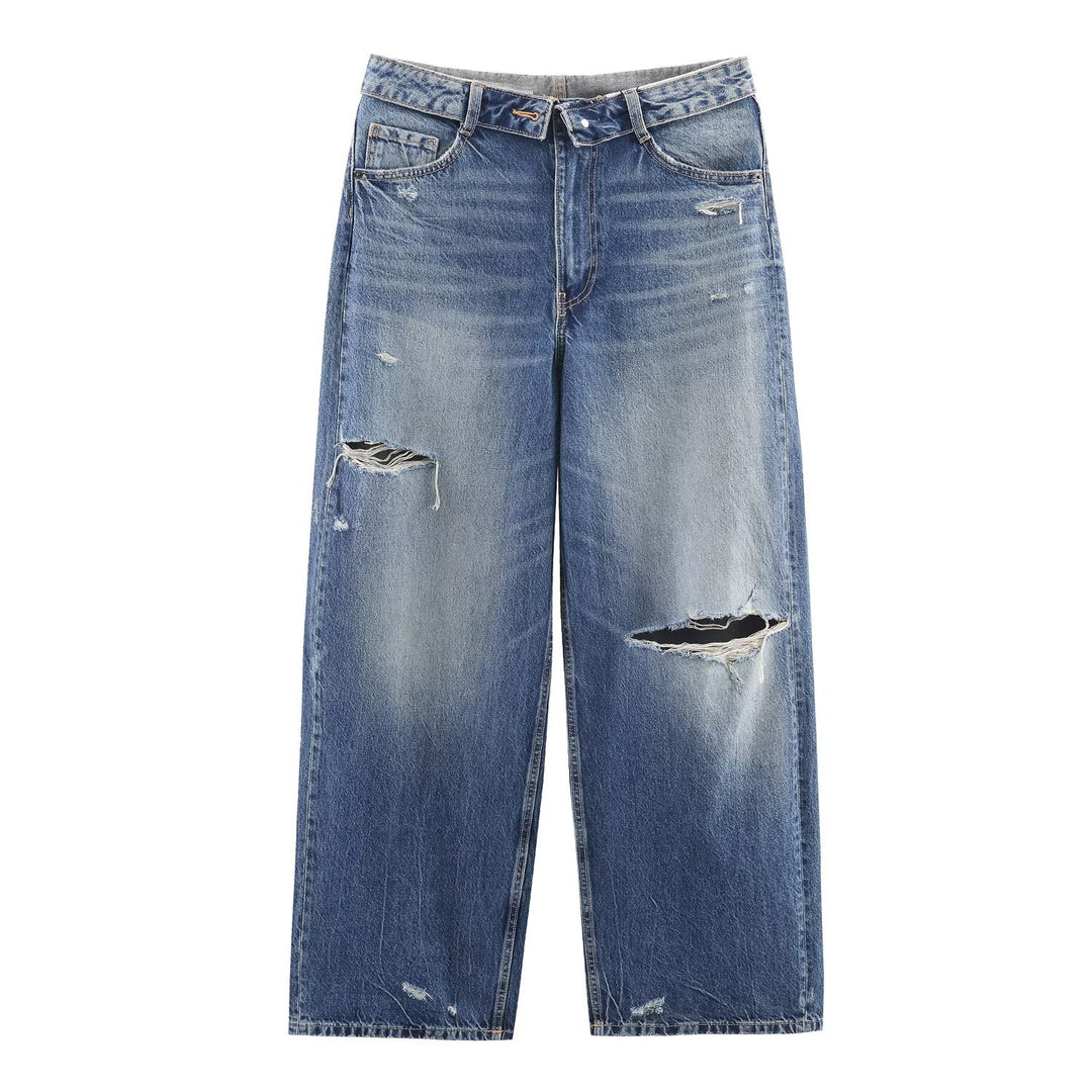Dame højkvalitets Destroyed Jeans i en afslappet Baggy-stil med moderne accenter Skovae