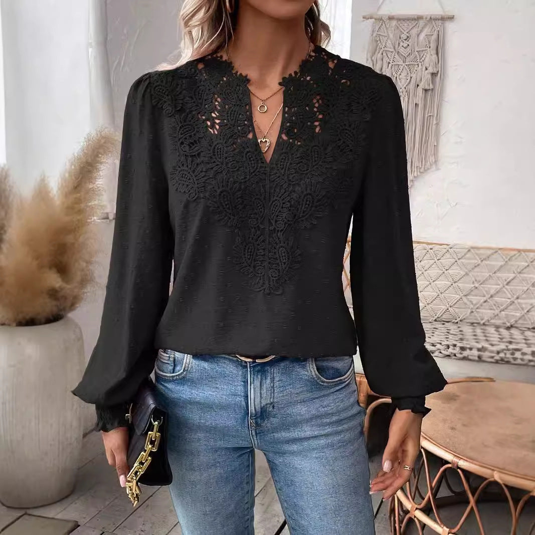 Dame elegant bluse med kunstneriske spidsudsmykninger Stilla