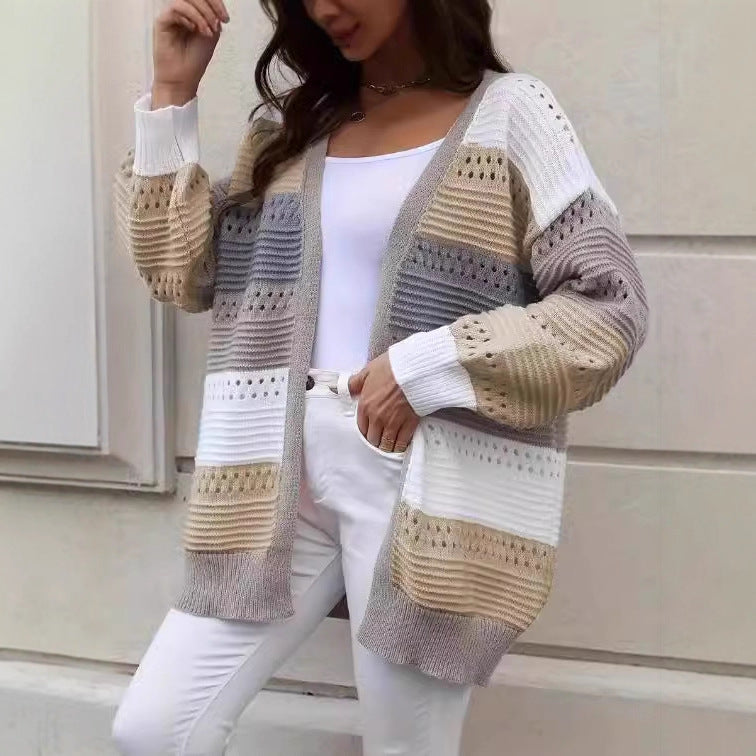 Kvinders stor strikket cardigan med unikt blonder mønster og farveblok design Stilla
