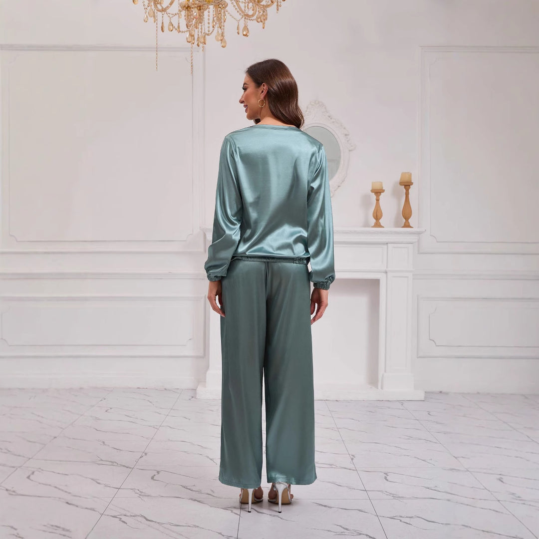 Dame Elegant Satin-Loungewear-Sæt med løs pasform Stilla