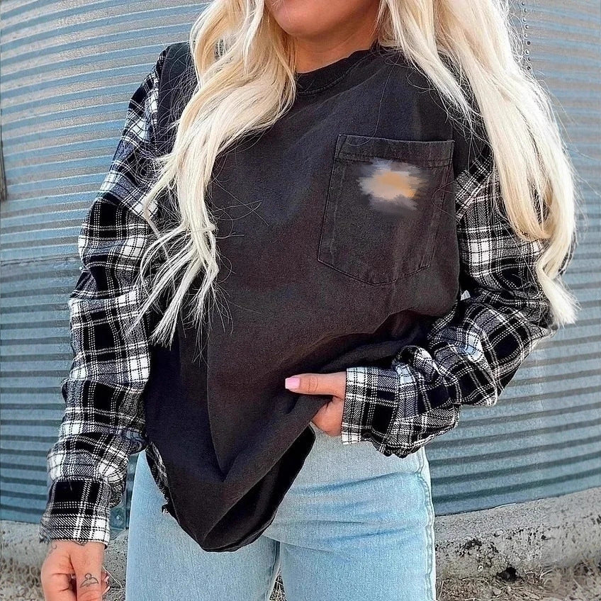 Dame nan oversize sweatshirt i materialemix med ternede ærmer og påsyet brystlomme Skovae