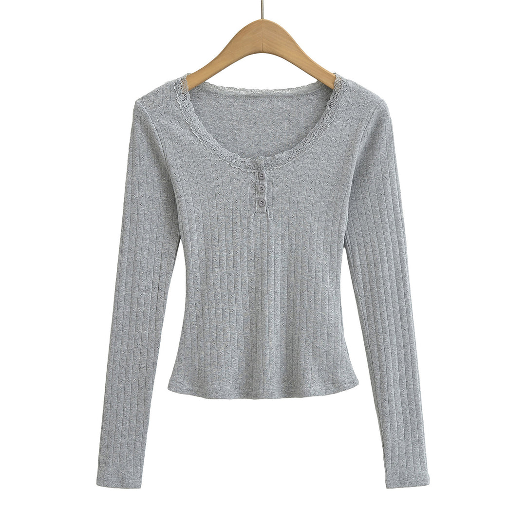 Dame Langærmet skjorte med elegant blondekrave og figurformende ribdesign Stilla