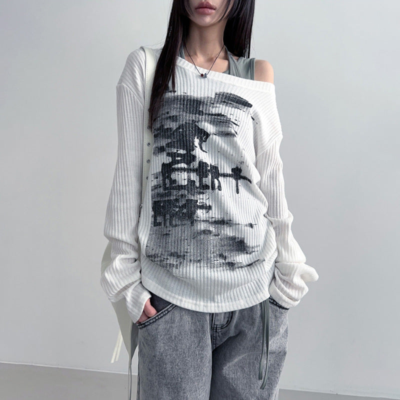 Dame afslappet OverStørrelse-T-shirt med asymmetrisk snit og unikt grafikdesign Stilla