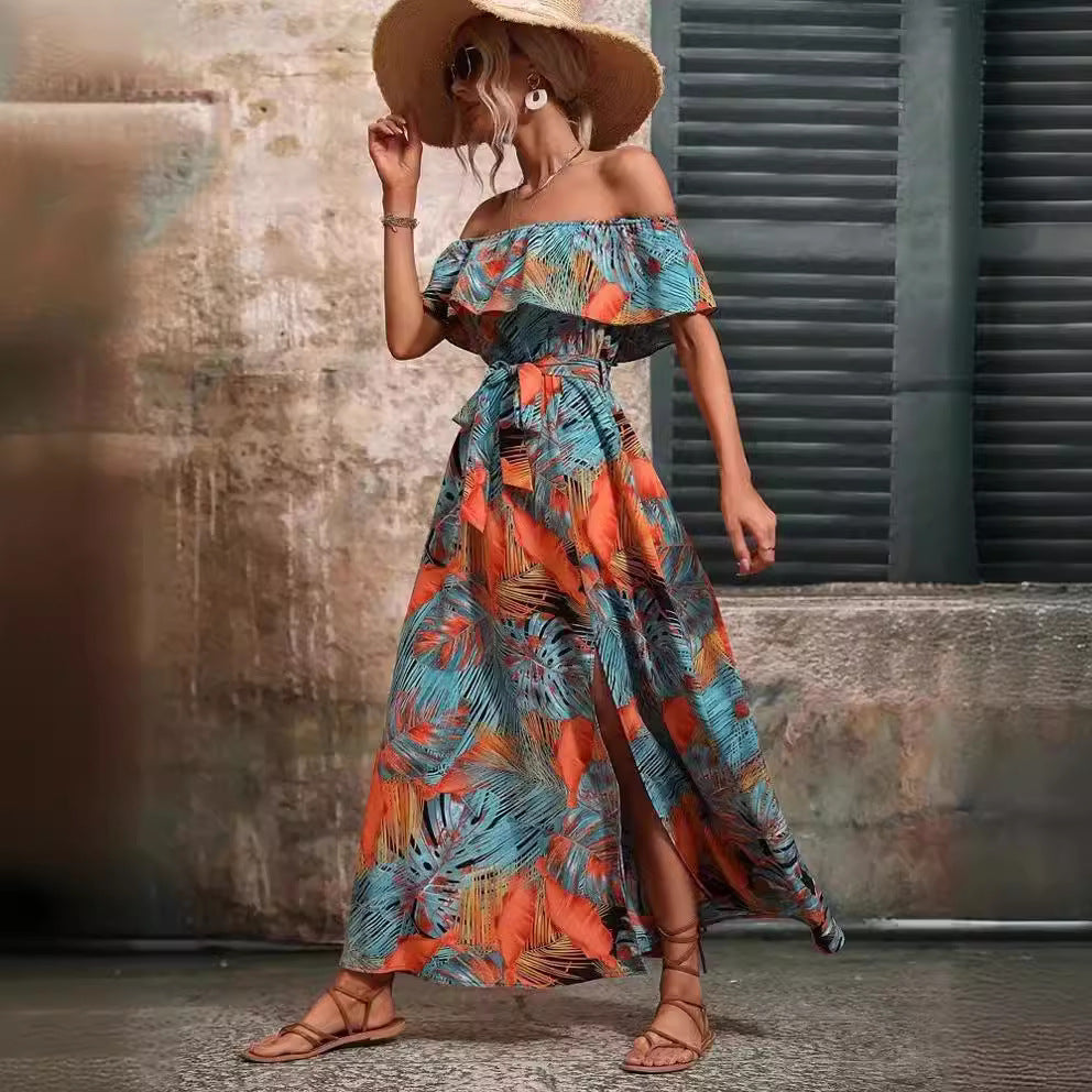 Dame Off-Shoulder Maxikjole med Sideslids Stilla