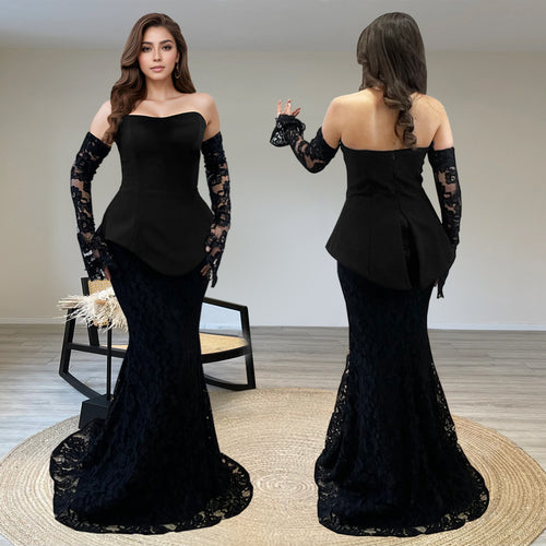 Dame Elegant Aftenkjole med Off-Shoulder Design og Spidsdetaljer Stilla